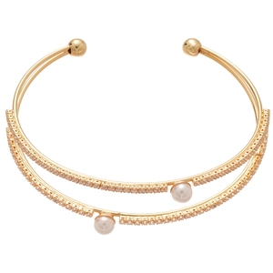 Double-layer gold bangle with sparkling zircons and elegant pearls for women