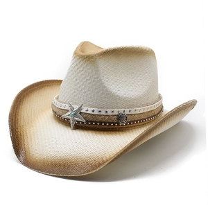 Vintage straw cowboy hat with turquoise star badge and gradient brim for sun protection