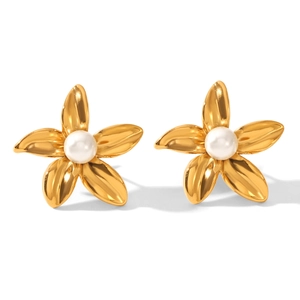 Elegant 18k gold plated flower stud earrings with a white pearl center on white background