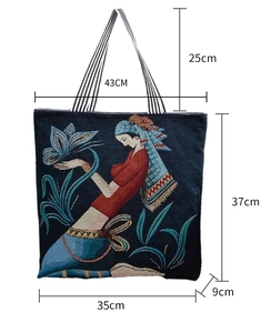 Detailed size chart for retro canvas tote bag with colorful ethnic embroidery patterns