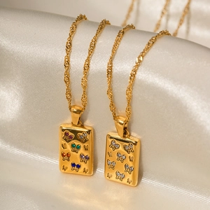 18K gold plated stainless steel necklace featuring square butterfly pendants with crystals