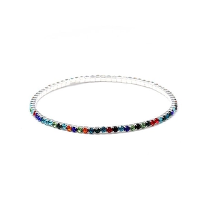 Close-up of 2.0mm silver elastic bracelet featuring a single row of colorful rhinestones