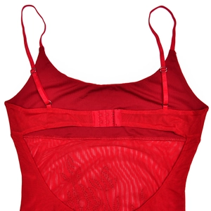 Detail of red sexy backless bodycon dress featuring rhinestone mesh and back hook closure