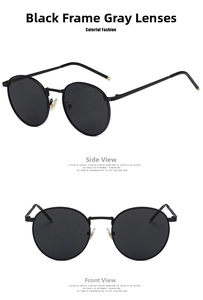 Front and side views of vintage round metal sunglasses with black frames and dark grey lenses