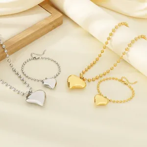 Fashion Stainless Steel Heart Pendant Ball Chain Necklace And Bracelet Jewelry For Women Polished Minimalist Style
