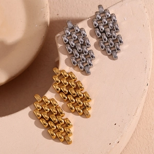 Detail of 18K gold and silver plated stainless steel watchband style chain earrings