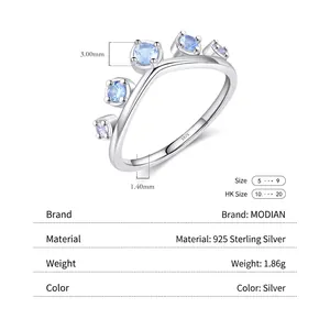 925 Sterling Silver crown ring with blue cubic zirconia stones and sizing details
