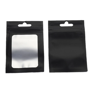 Matte black aluminum foil zip lock bag with clear window and hanging hole for packaging