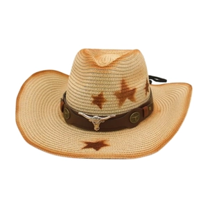 Cappello da cowboy in paglia con motivi a stella marina e ornamento in metallo a testa di toro