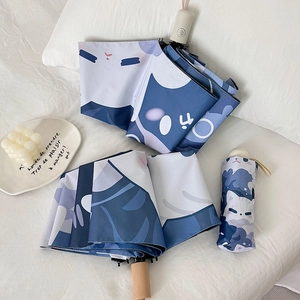 Blue and white cat print folding umbrella with matching storage pouch and auto-open handle