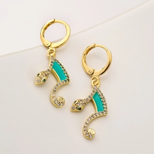 18K gold plated snake drop earrings with emerald green stones and sparkling crystals
