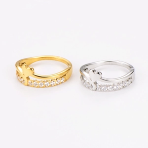 Double layered heart rings in gold and silver finish with pave set clear crystals