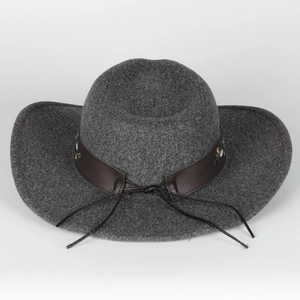 Detailed view of the dark grey wool felt hat with brown floral embroidery hatband