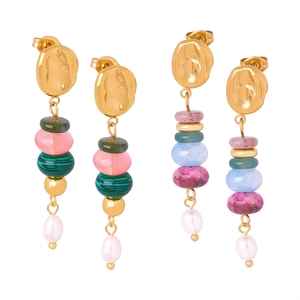 Baroque retro earrings with colorful natural stones and teardrop pearls in gold