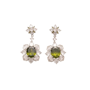 Luxurious silver flower studs with oval green gemstone and clear zircon crystals