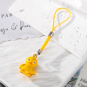 Cute yellow 3D cartoon duck charm pendant with matching woven strap and silver bell