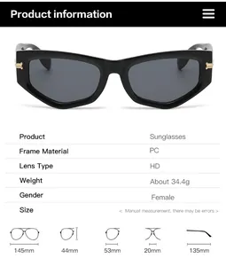 Detailed size parameters of PC frame cat-eye sunglasses with HD lenses and dimensions