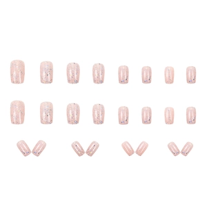 24pcs short square nude pink press-on nails with shimmering laser glitter powder