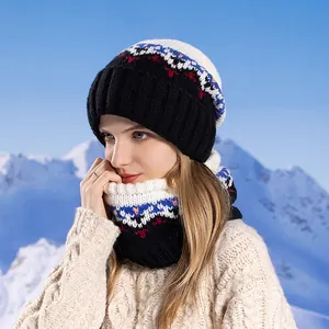 Women Winter Warm Knit Beanie Hat And Scarf Set Fleece Lined Thick Jacquard Geometric Nordic Pattern Outdoor Cold Weather Cap