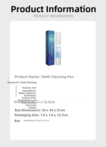 Detail view of 4ml teeth whitening essence pen with ingredients list and packaging size