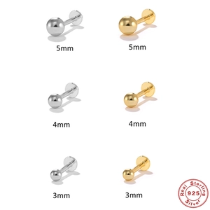 925 Sterling Silver Round Ball Labret Stud Earrings Minimalist Zirconia Threaded Flat Back Cartilage Piercing Jewelry Women