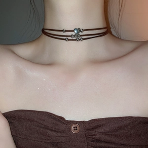 Brown layered faux suede choker with silver heart pendant and beads for women