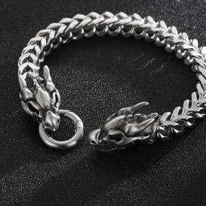 Vintage silver dragon head bracelet with thick braided chain in matte stainless steel