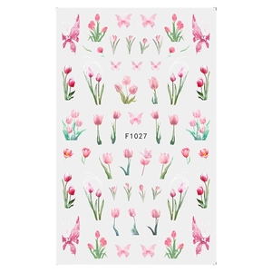Spring pink tulip and butterfly self-adhesive nail art stickers model F1027 on white background