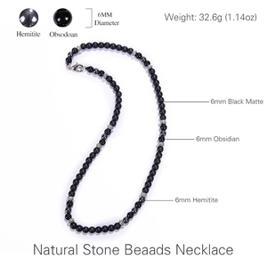 6mm natural matte black obsidian and hematite beaded necklace with lobster clasp for men