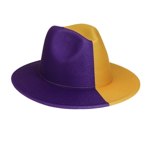 Detailed view of bicolor yellow and purple gradient wool fedora hat with wide brim