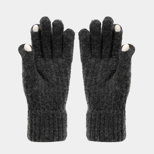 Detailed knit texture of dark grey touchscreen gloves with convenient finger openings