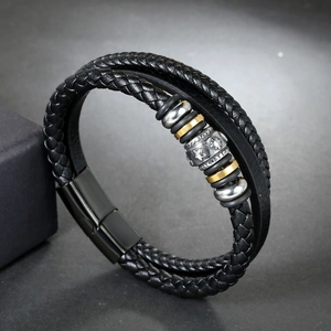 Ethnic handmade multilayer black leather bracelet with cross pattern beads and magnetic clasp
