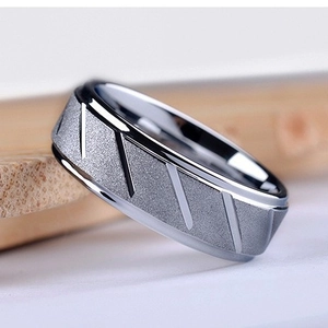 316L stainless steel men's ring with matte frosted finish and diagonal groove detail