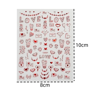 Detailed view of red laser heart and LOVE lettering nail art stickers model C6501