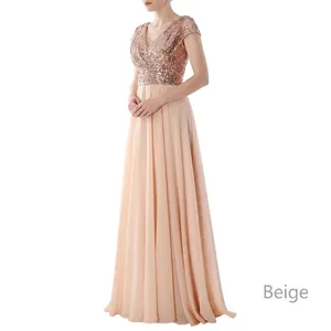 Elegant beige evening gown with V-neck sequined bodice and flowing chiffon maxi skirt