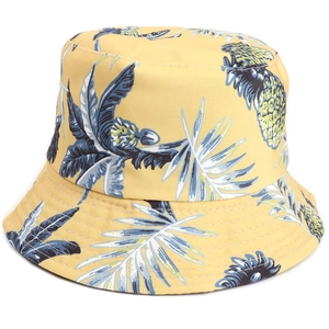 Yellow bucket hat with blue tropical pineapple print made of cotton for sun protection