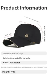 Detail of black cotton baseball cap with sport metal logo and adjustable strap measurements