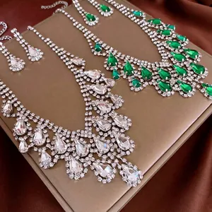 Luxury Teardrop Necklace And Earrings Jewelry Copper Rhinestone Geometric Fringe Bridal Wedding Evening Party For Women