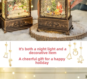 Detail of vintage Christmas lanterns with snowmen, Santa Claus, and bronze relief bases