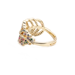 Golden leaf-shaped open ring featuring colorful micro-paved cubic zirconia stones