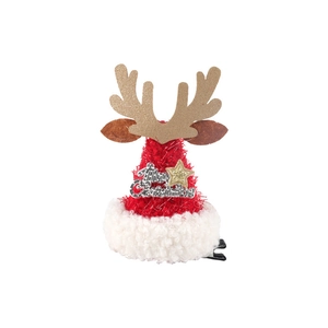 Christmas reindeer antler hair clip with red plush hat and golden star glitter