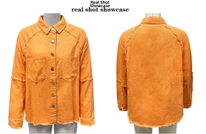 Front and back detail of orange denim jacket with frayed edges and dual chest pockets