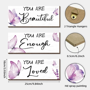 Three-piece butterfly wooden wall art set with inspiring quotes and watercolor designs