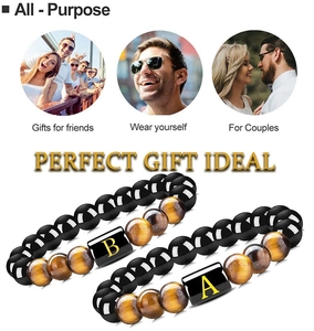 Bracelets de perles en œil de tigre et obsidienne pour couples avec lettres A et B