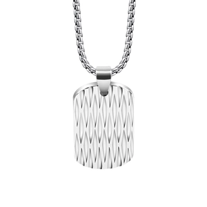 Men's minimalist stainless steel dog tag necklace with textured silver rectangular pendant
