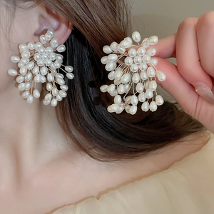 Elegant wire-wrapped pearl cluster stud earrings with starburst design for women