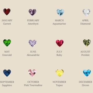 Macro view of twelve heart-shaped birthstone pendants in 18K gold plated settings