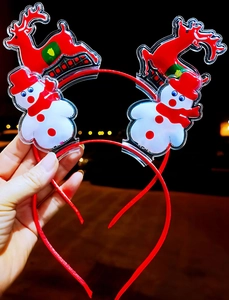 Cute Christmas headband with snowman and reindeer charms against festive city night lights