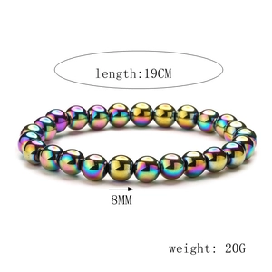 Detail view of 8mm rainbow magnetic hematite beads with size and weight specifications