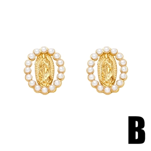 Religious style gold Virgin Mary stud earrings with white faux pearl halo on white background